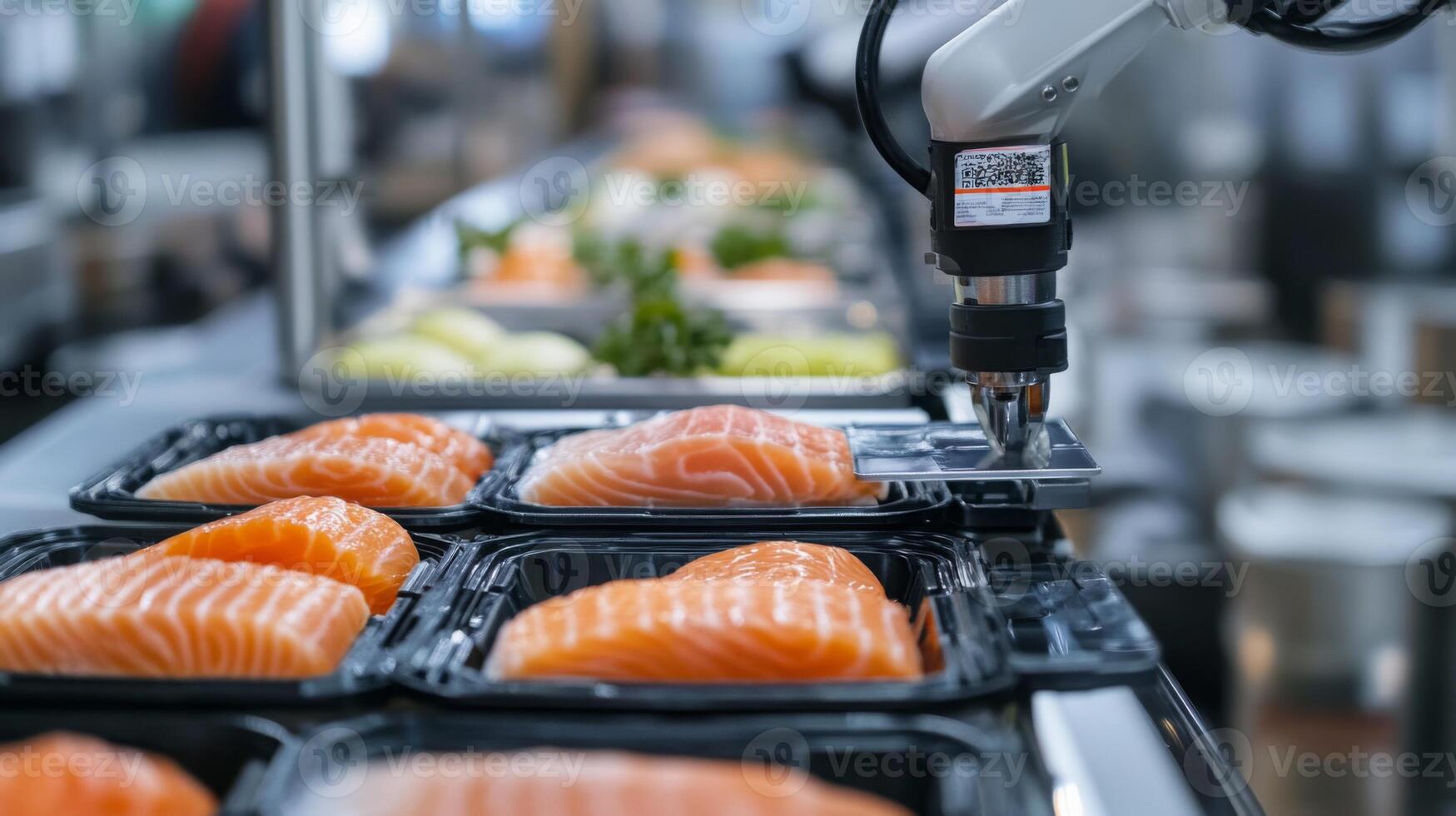 In a modern food production facility, a robotic arm skillfully places fresh salmon fillets onto trays. The automated system enhances efficiency and consistency in seafood packaging. photo
