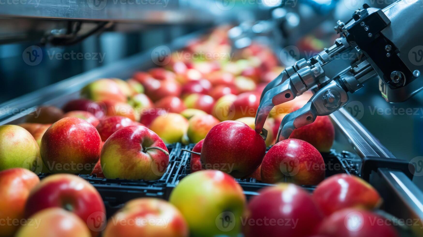 Robotic arms equipped with artificial intelligence sort fresh apples on a production line. The process showcases automation in the food industry, ensuring quality and speed in handling produce. photo