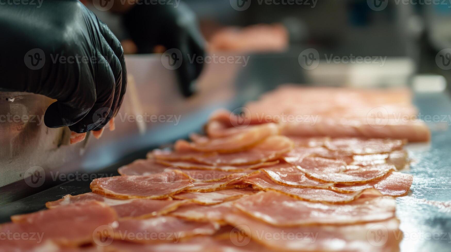 Operators use advanced machinery and AI technology to slice and package meat efficiently on a production line. The process ensures precision, speed, and high-quality output for food distribution. photo