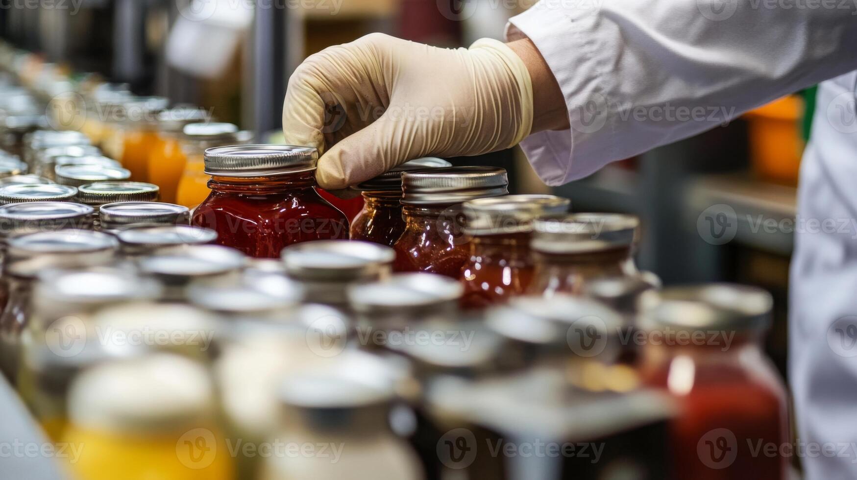 A worker wearing gloves meticulously seals jars filled with various sauces on a food production line. AI technology enhances efficiency and quality during the processing phase in a busy facility. photo