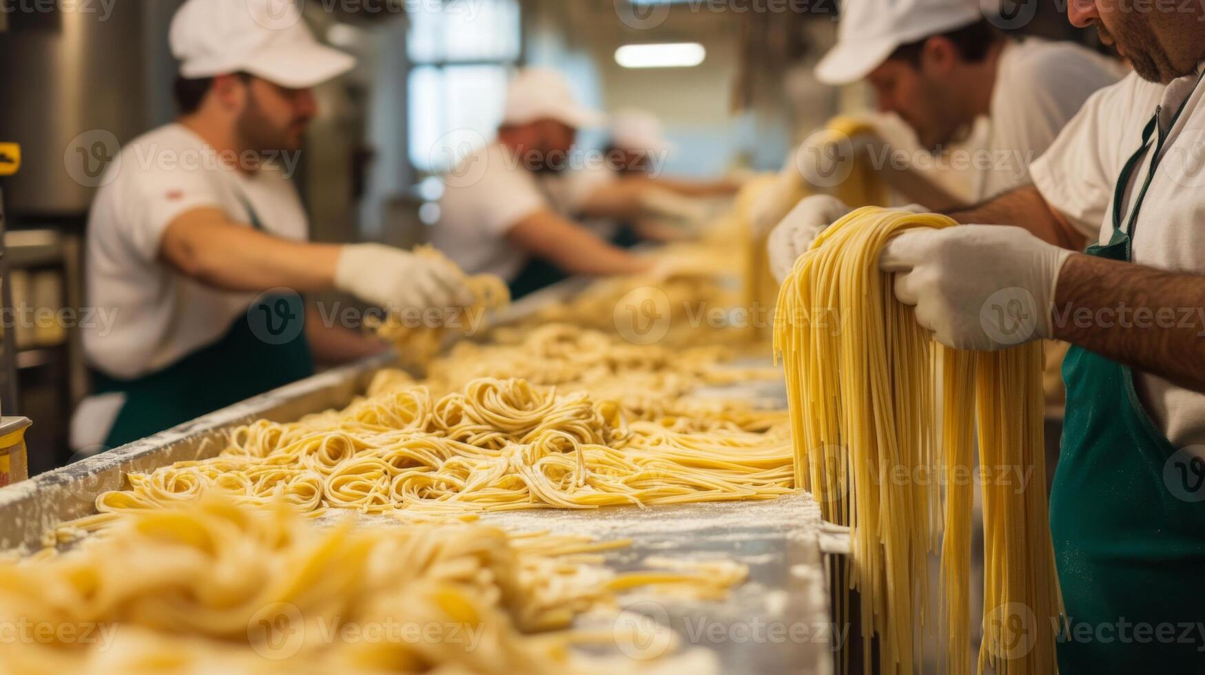 Skilled workers arrange freshly made pasta on a production line, showcasing a busy kitchen atmosphere. The process highlights traditional techniques and dedication to quality food preparation. photo