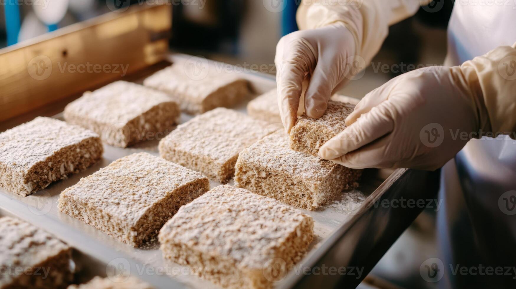 Skilled workers in a food production line expertly apply ai technology to ensure precision and efficiency during the preparation of sweet treats, managing portions and quality control effectively. photo