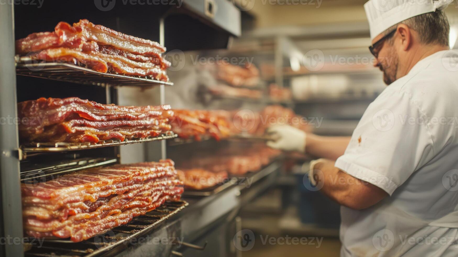 In a bustling food production facility, a skilled worker expertly tends to racks of smoked meat. This process highlights the use of modern techniques and technology to ensure high-quality products. photo