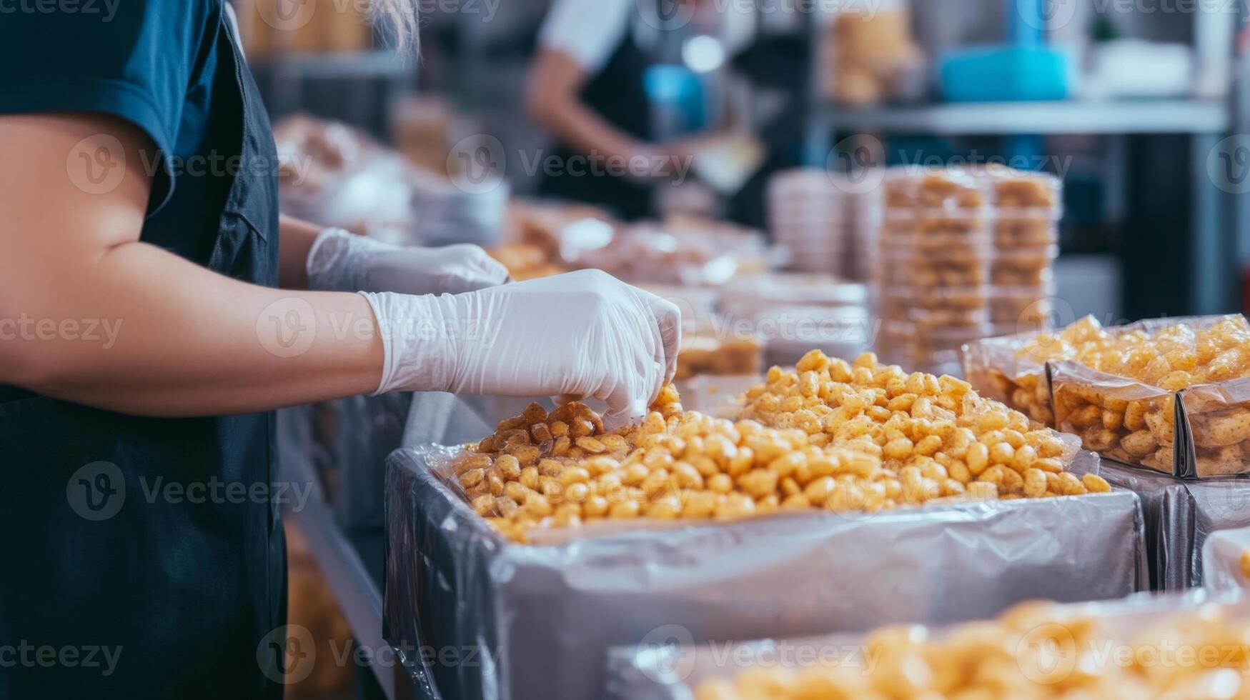 A worker processes food products on a production line, focusing on quality during packaging. The environment is bustling with activity as technology aids in streamlining the workflow. photo