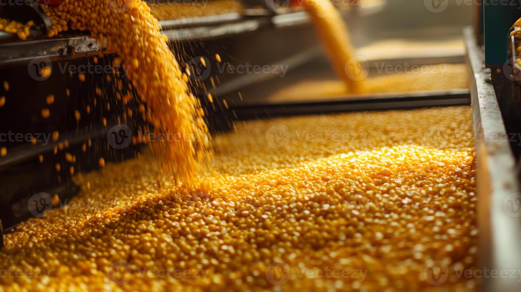 Golden grains pouring onto the production line in a modern food processing facility. Automated systems utilize ai technology to streamline operations and improve quality control standards. photo