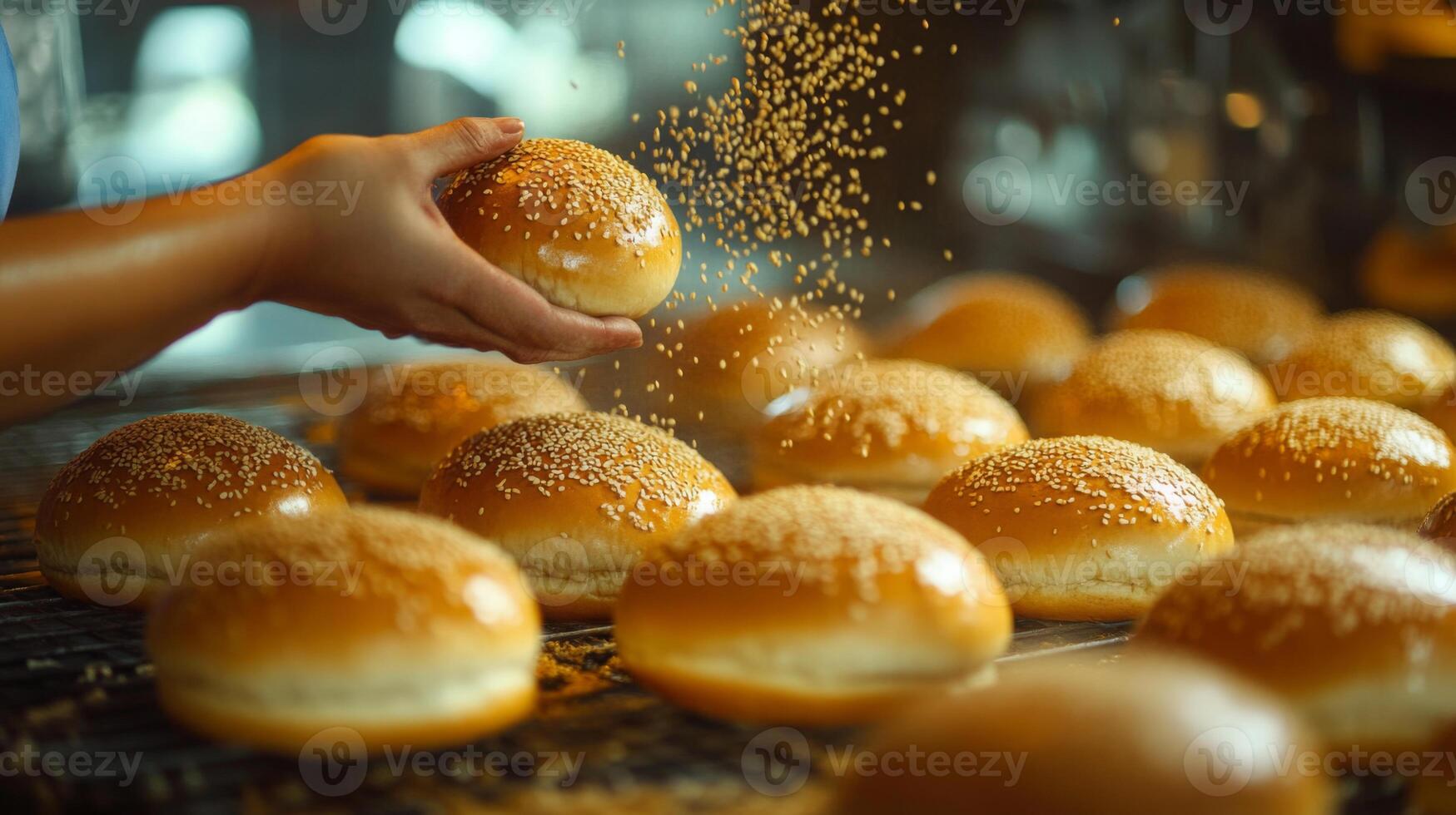 Workers are busy at a food production line where freshly baked hamburger buns are being prepared. One person adds sesame seeds to the top of the golden buns before packaging. photo