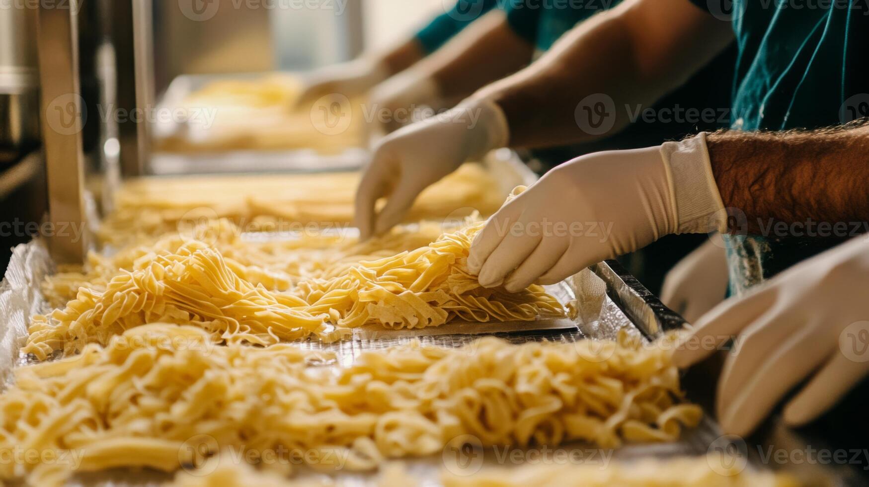 Workers wearing gloves carefully handle fresh pasta on a production line, utilizing technology to enhance food processing efficiency. The focus is on quality and hygiene in food preparation. photo