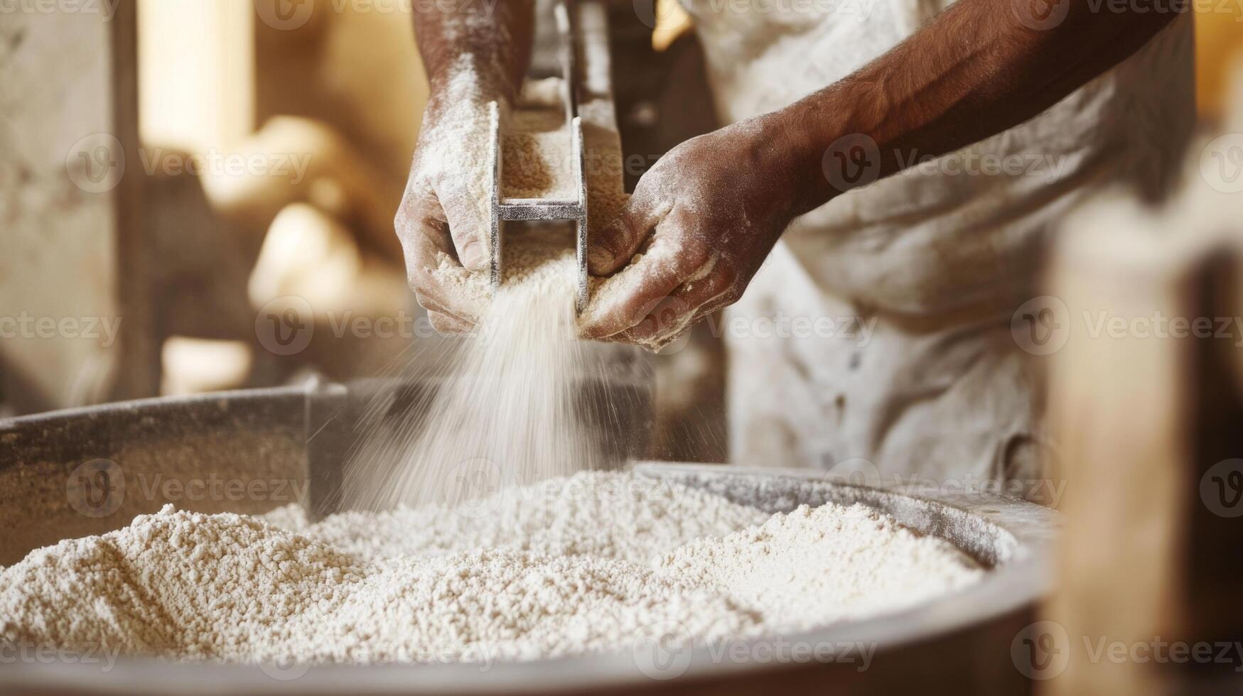 In a food production facility, a worker carefully sifts flour from a metal container into a mixing bowl. The surrounding area shows various ingredients used in food manufacturing. photo