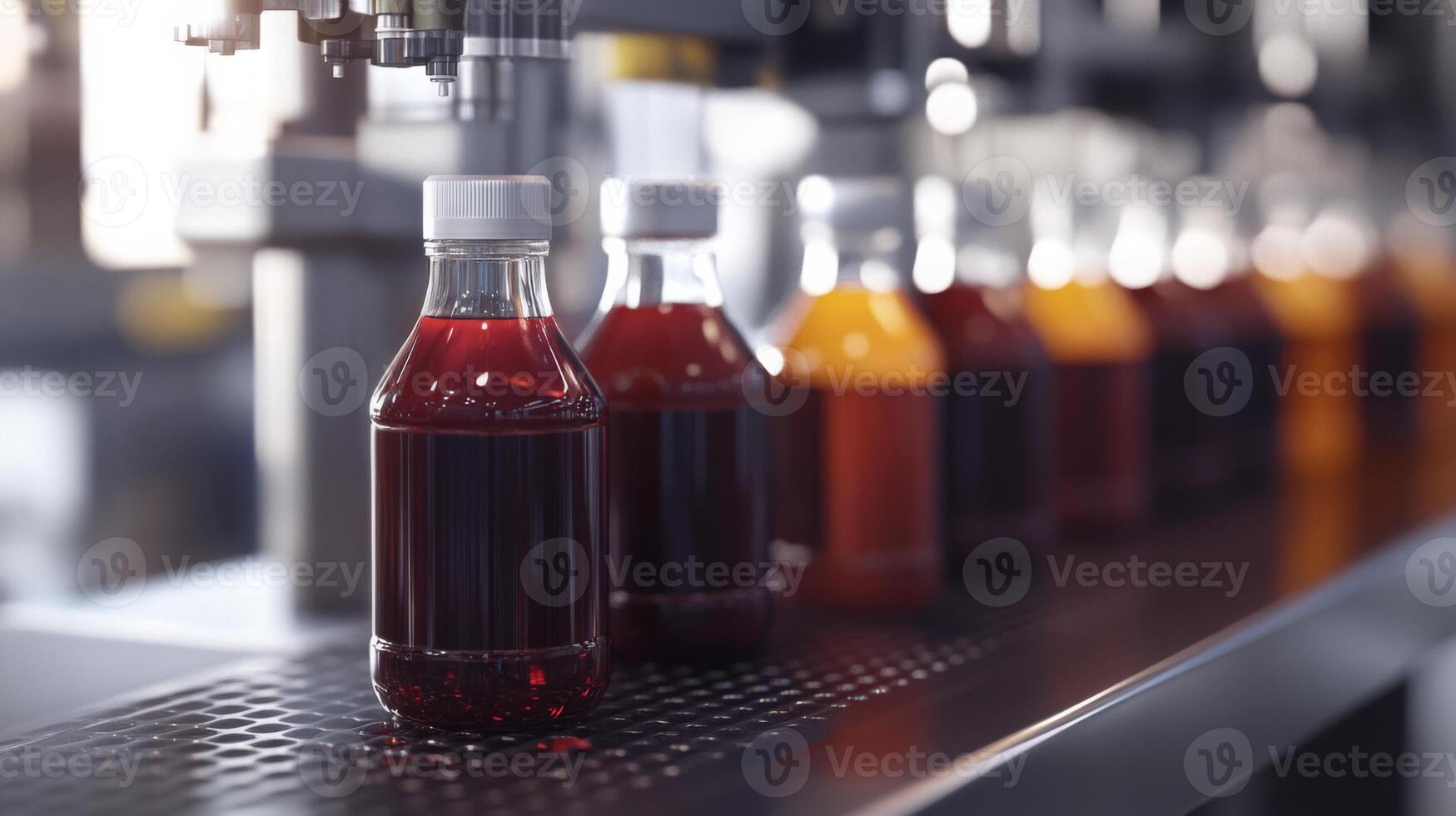 Bottles filled with various colored beverages move along a production line in a factory. Advanced technology and AI are used to enhance efficiency and quality during the bottling process. photo