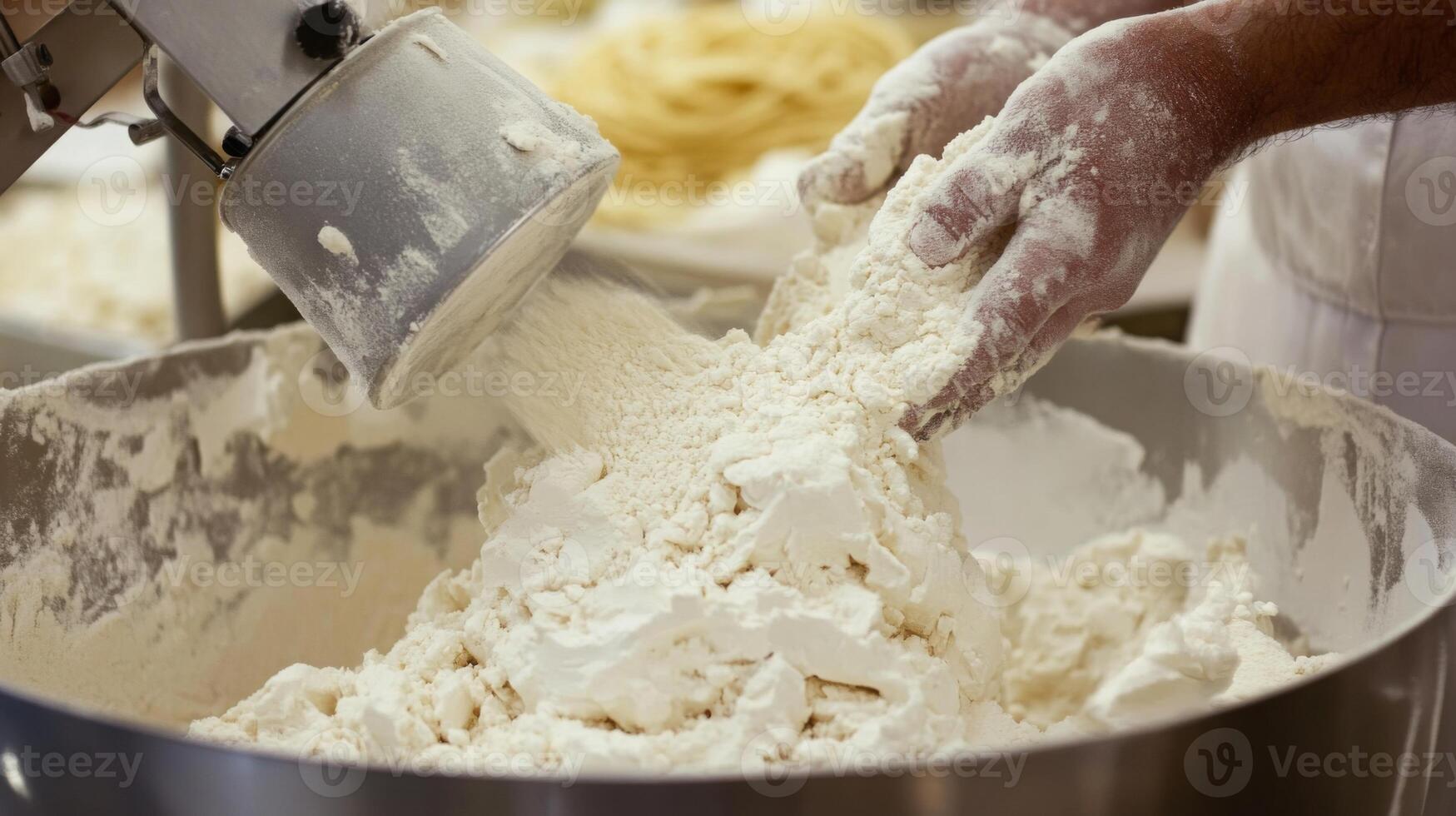 A worker pours flour into a large industrial mixer as part of the food production process in a busy bakery. The environment is filled with baking ingredients and equipment. photo
