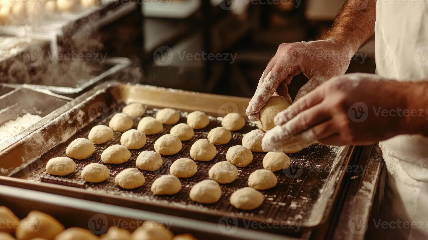 In a bustling food production environment, skilled hands expertly shape dough into uniform balls on a tray. photo