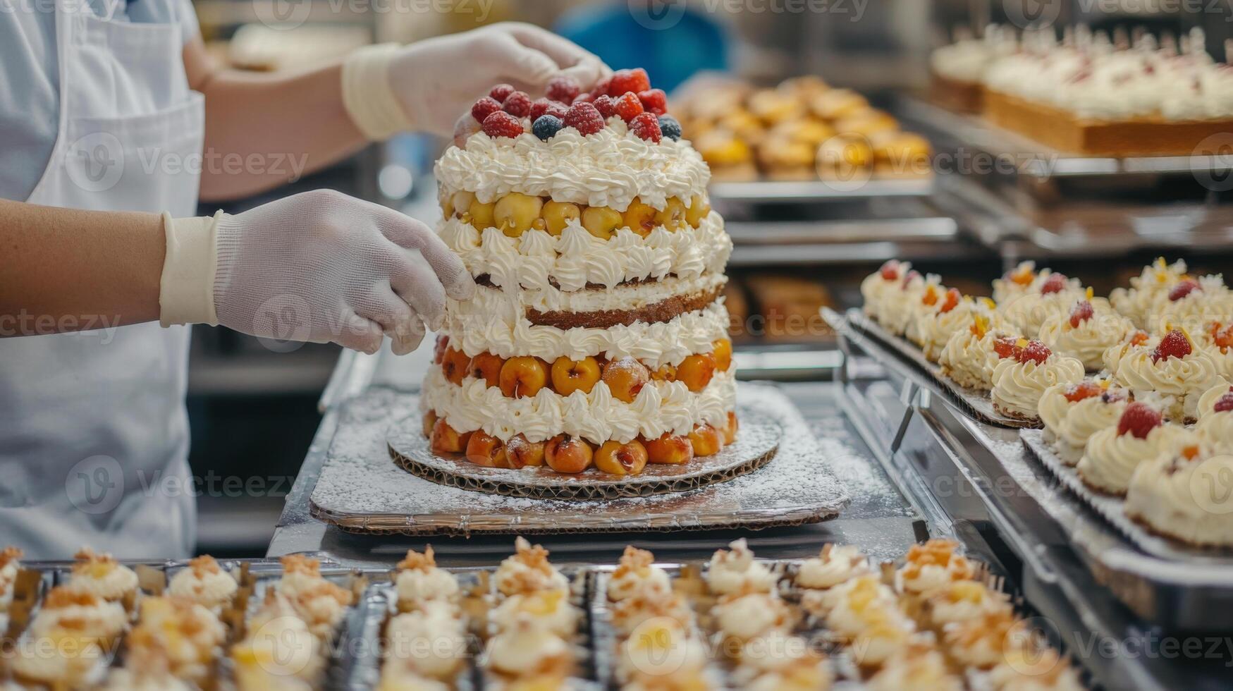 Skilled pastry chefs assemble beautifully layered cakes topped with cream and fresh fruits in a busy kitchen. The production line showcases various dessert creations ready for distribution. photo