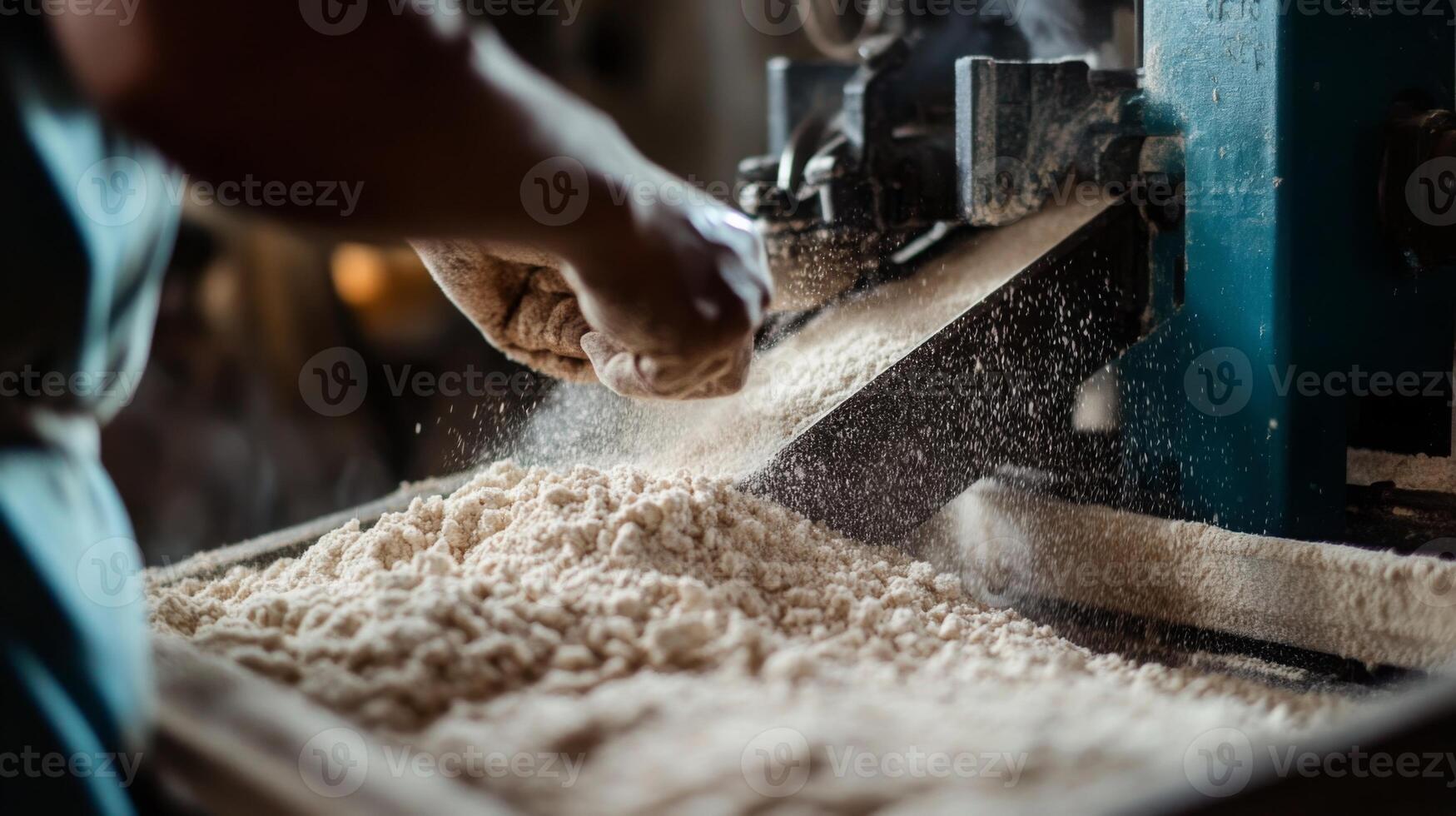 Workers skillfully operate a machine in a food production line, where ingredients are processed efficiently. The environment is busy, showcasing advanced AI technology to enhance productivity. photo