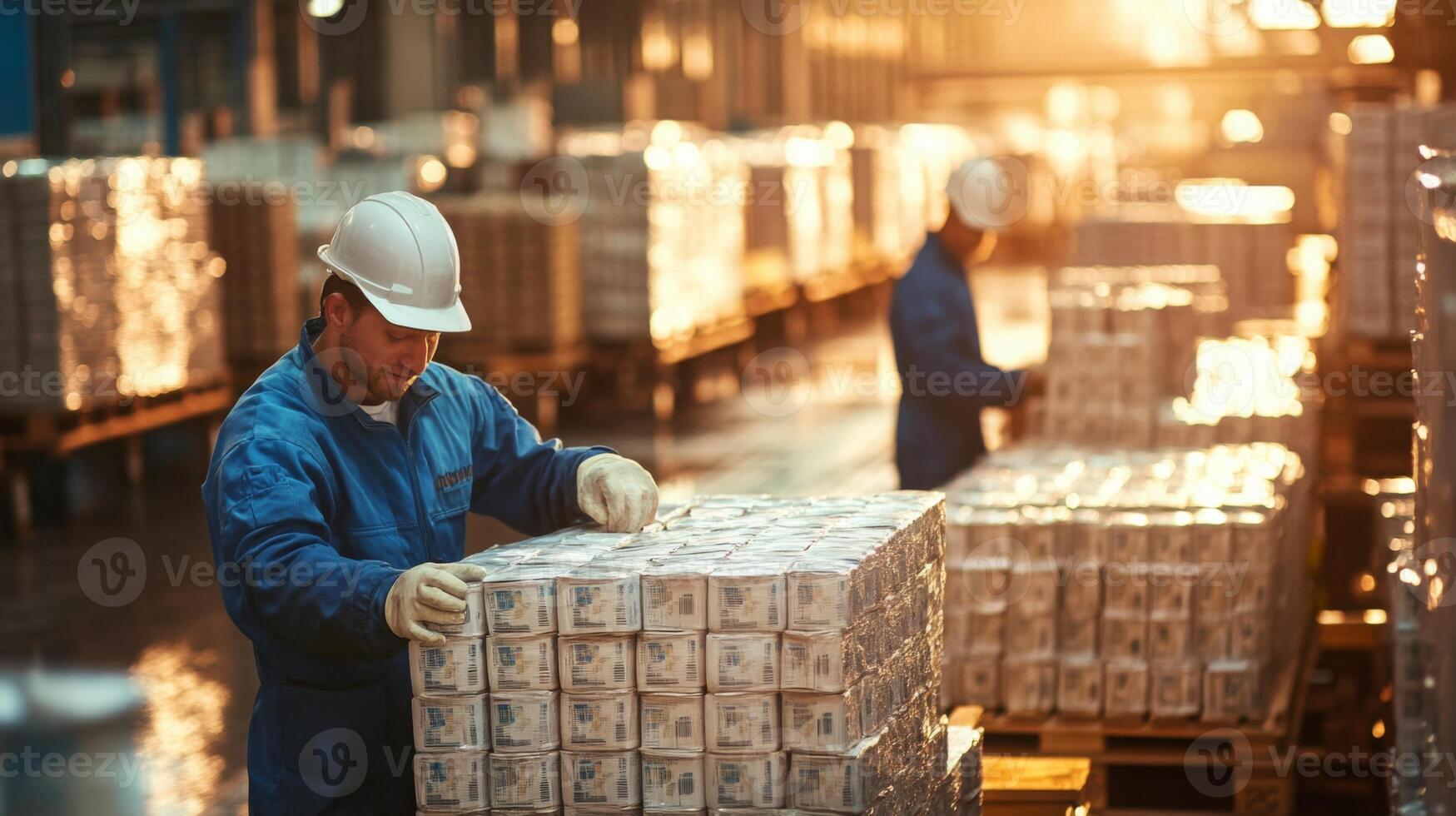 Workers are efficiently organizing heavy boxes on a production line, where advanced ai technology enhances food processing. The environment is spacious and well-lit, showcasing a modern facility. photo