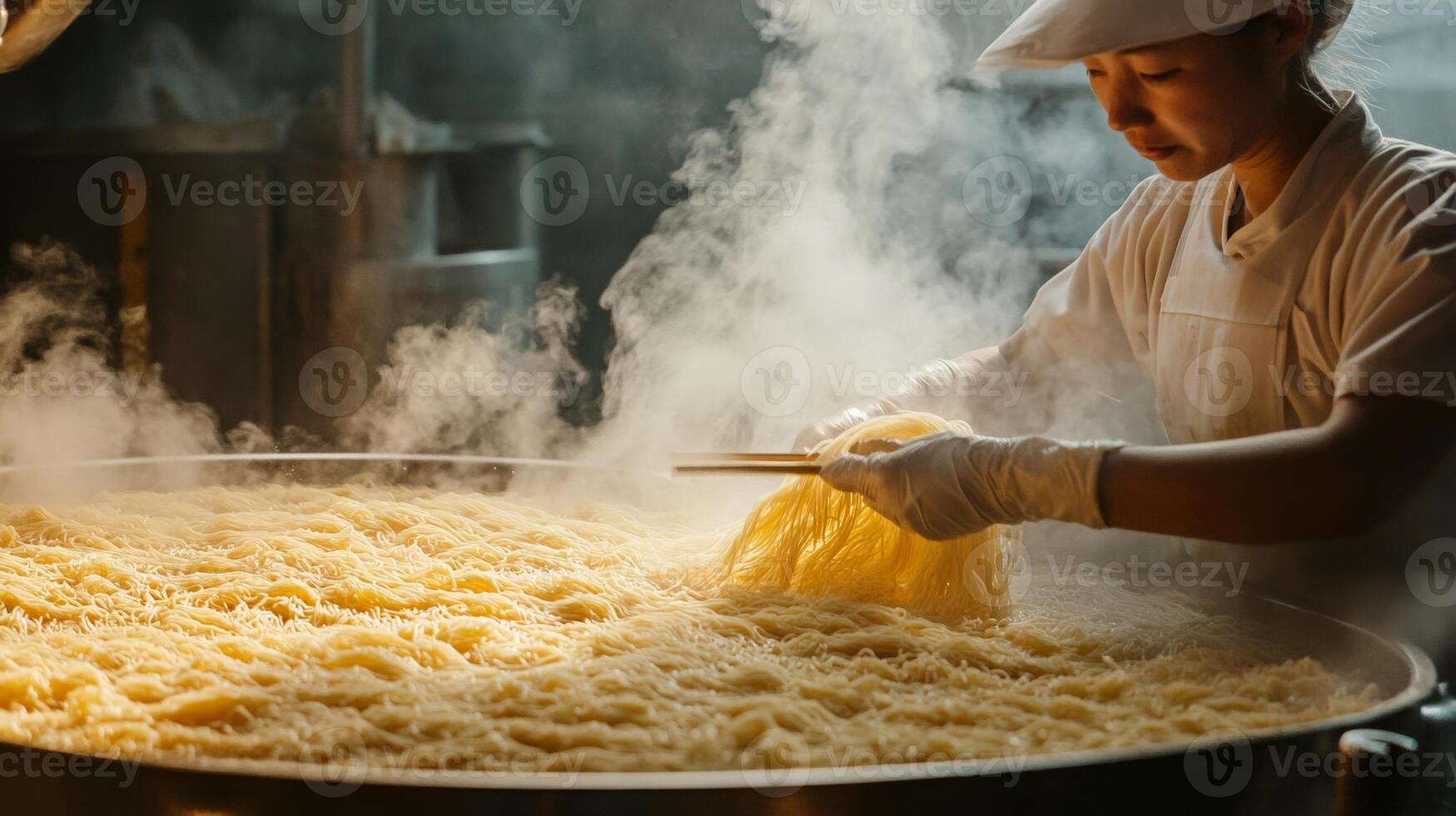 A worker skillfully manages a large vat of steaming noodles in a busy production setting. The process showcases modern food production techniques aided by ai, ensuring quality and efficiency. photo