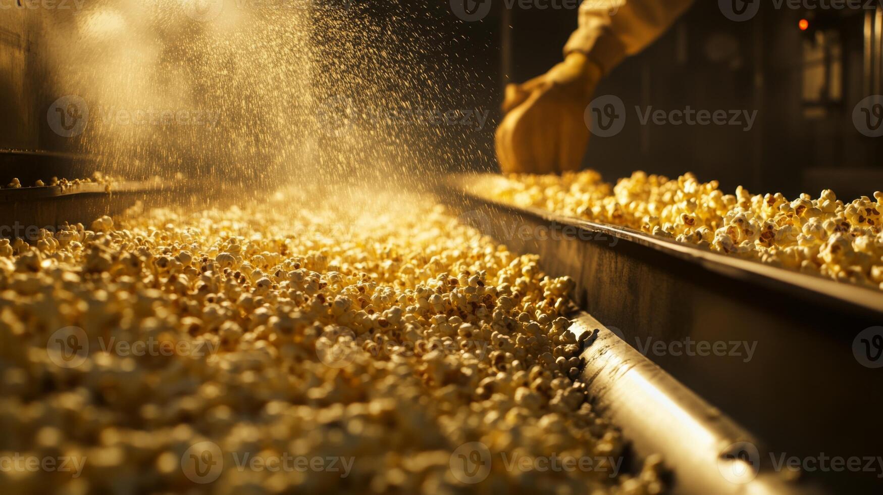 Workers oversee the production line dedicated to popcorn, utilizing AI for efficient processing and quality control. The scene highlights the busy environment of food production in a factory setting. photo
