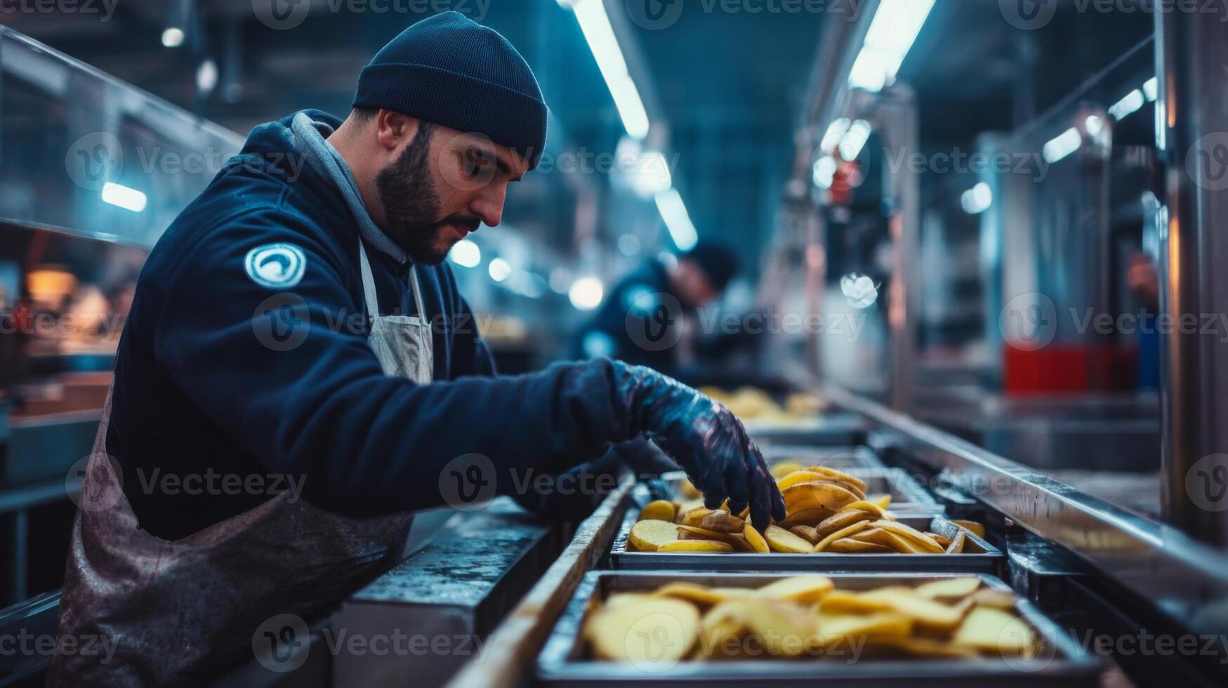 Workers are engaged in a food production line, meticulously sorting and preparing sliced potatoes. photo