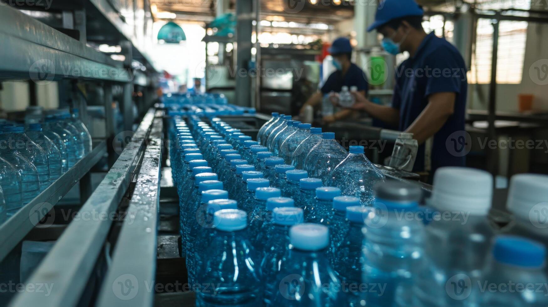 A highly efficient production line in a food processing facility shows workers filling and sealing water bottles. Advanced ai technology ensures quality control and streamlined operations. photo