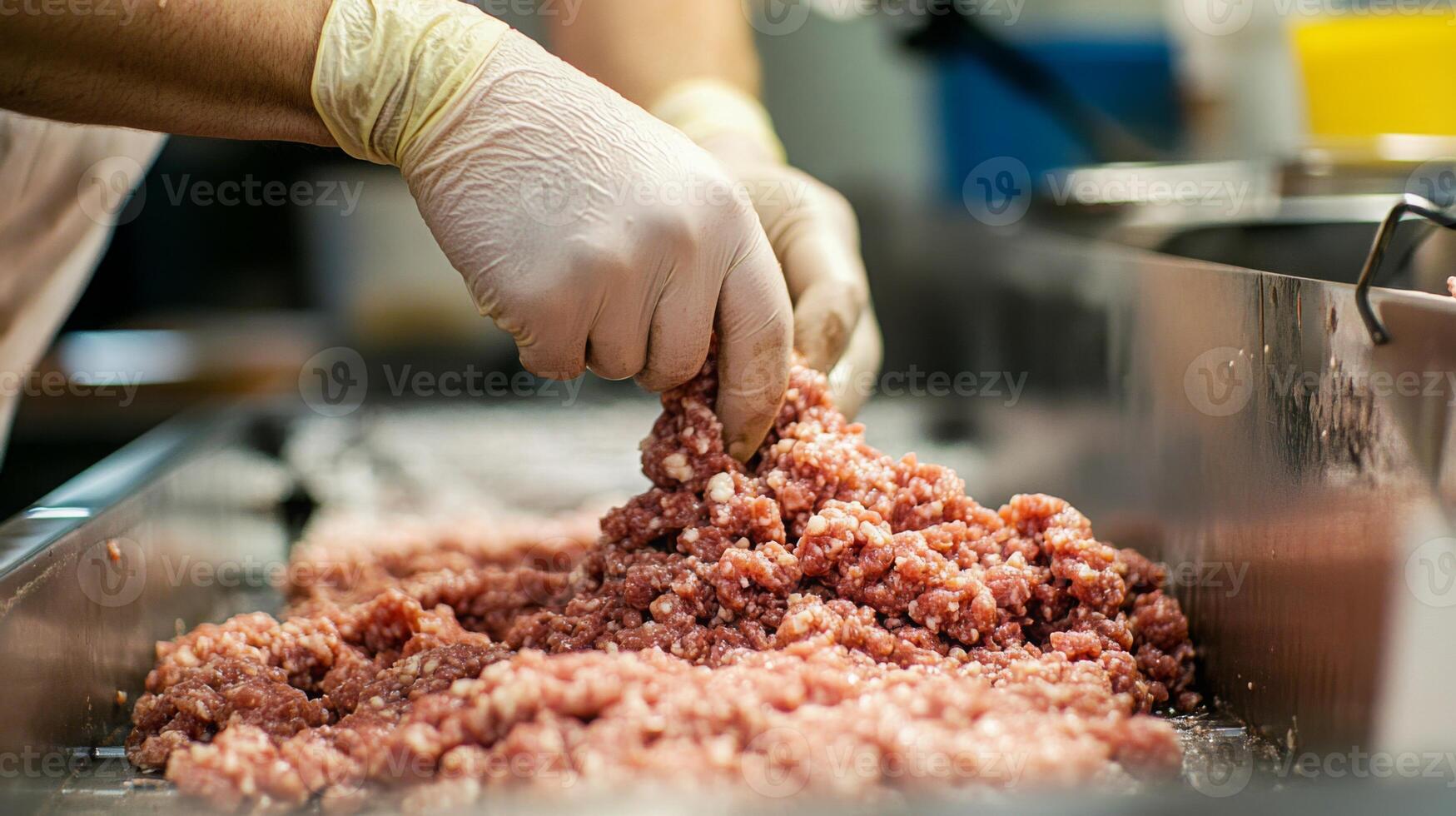A worker in gloves is preparing ground meat on a production line in a modern food processing facility. The use of AI technology enhances efficiency and quality control in meat preparation. photo
