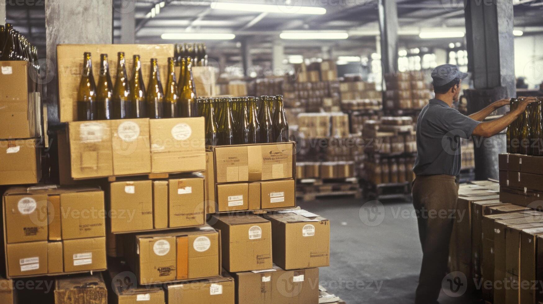 In a bustling warehouse, a worker carefully arranges glass bottles on stacks of cardboard boxes. Surrounding crates and bottles reflect a systematic approach to food production in action. photo