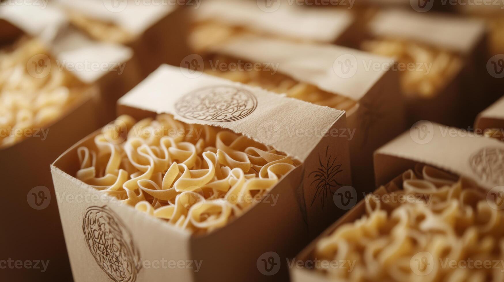 Fresh pasta is artfully presented in eco-friendly containers, showcasing various shapes and colors. photo
