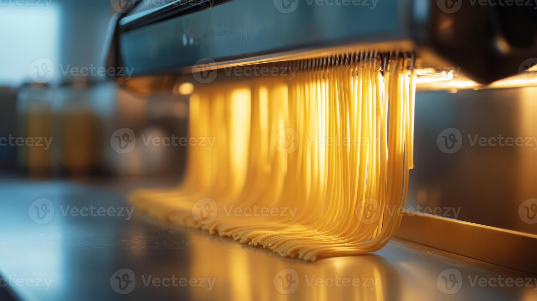 Fresh strands of pasta flow from a machine, glistening under warm kitchen lights. The production takes place in a busy culinary environment, showcasing the art of pasta making. photo
