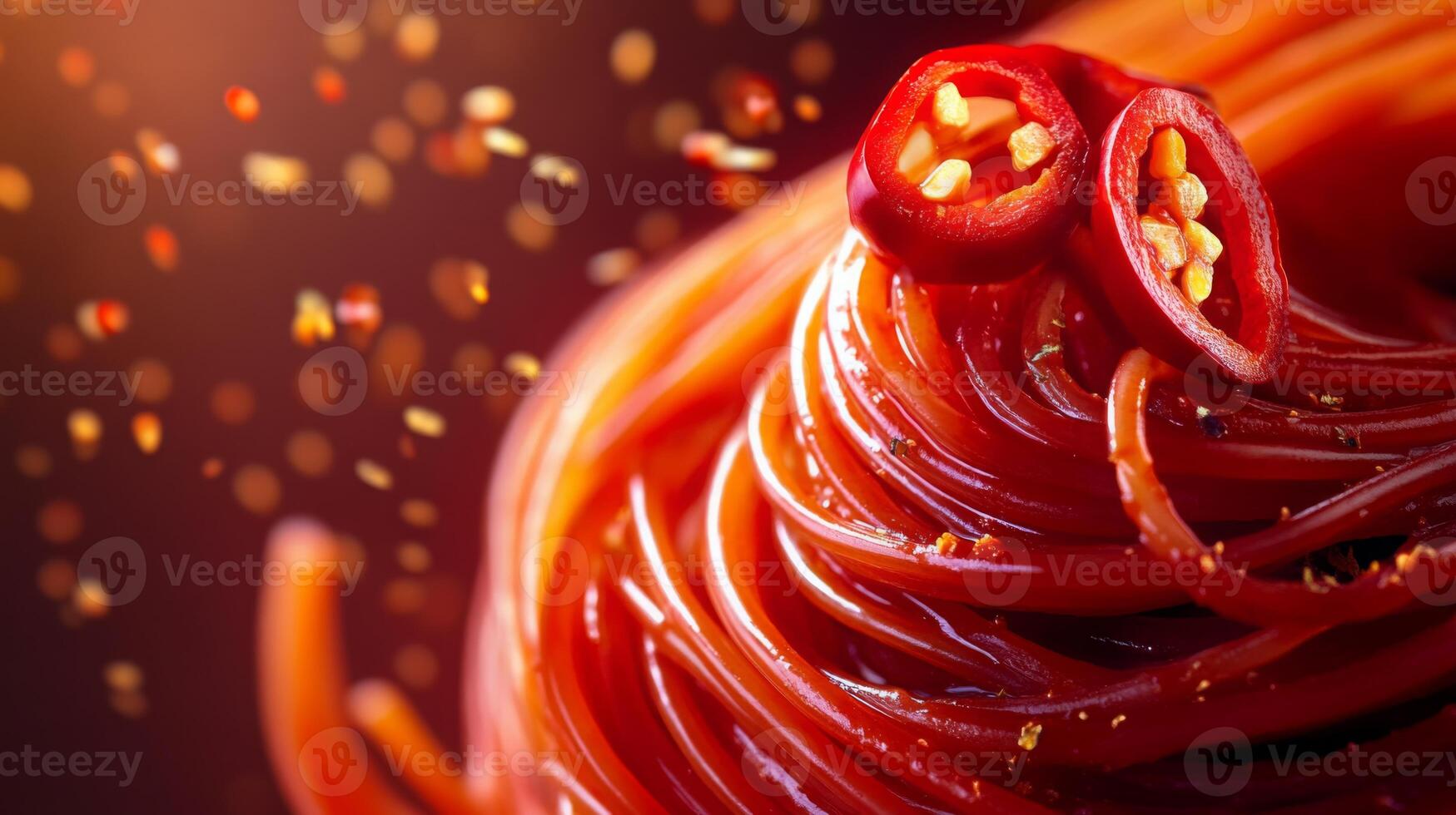 This vibrant dish features ai pasta twisted elegantly, topped with slices of red chili peppers. The rich colors and presentation invite a unique dining experience, highlighting culinary creativity. photo