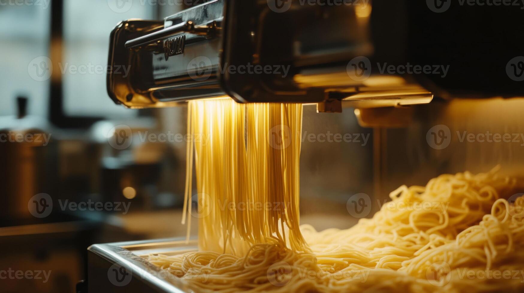 Soft strands of freshly made pasta cascade from a pasta machine in a cozy kitchen. The warm light highlights the texture and shape of the noodles, showcasing the art of pasta-making. photo