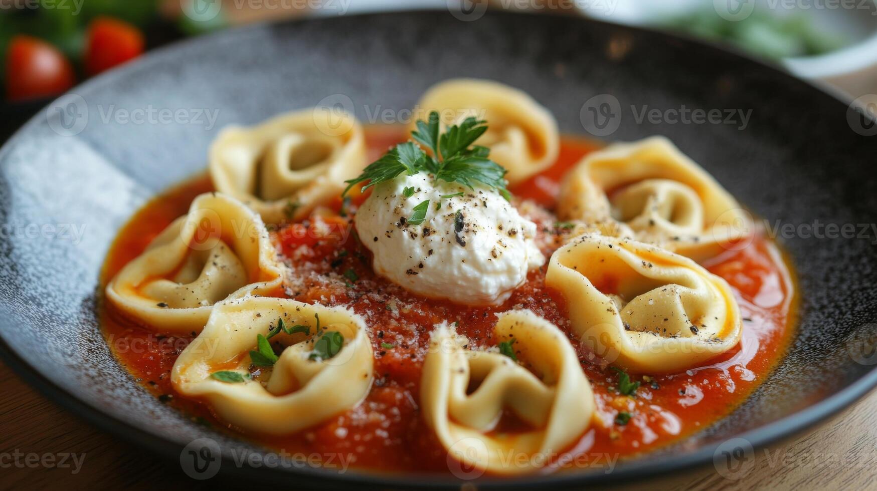 A beautifully presented ai pasta dish features delicate tortellini filled with cheese, surrounded by rich tomato sauce. photo