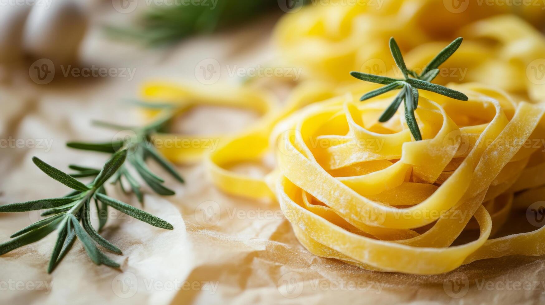 A beautifully arranged portion of yellow pasta rests on parchment paper, garnished with fresh rosemary. This setting highlights the joy of preparing homemade meals, emphasizing simplicity and flavor. photo
