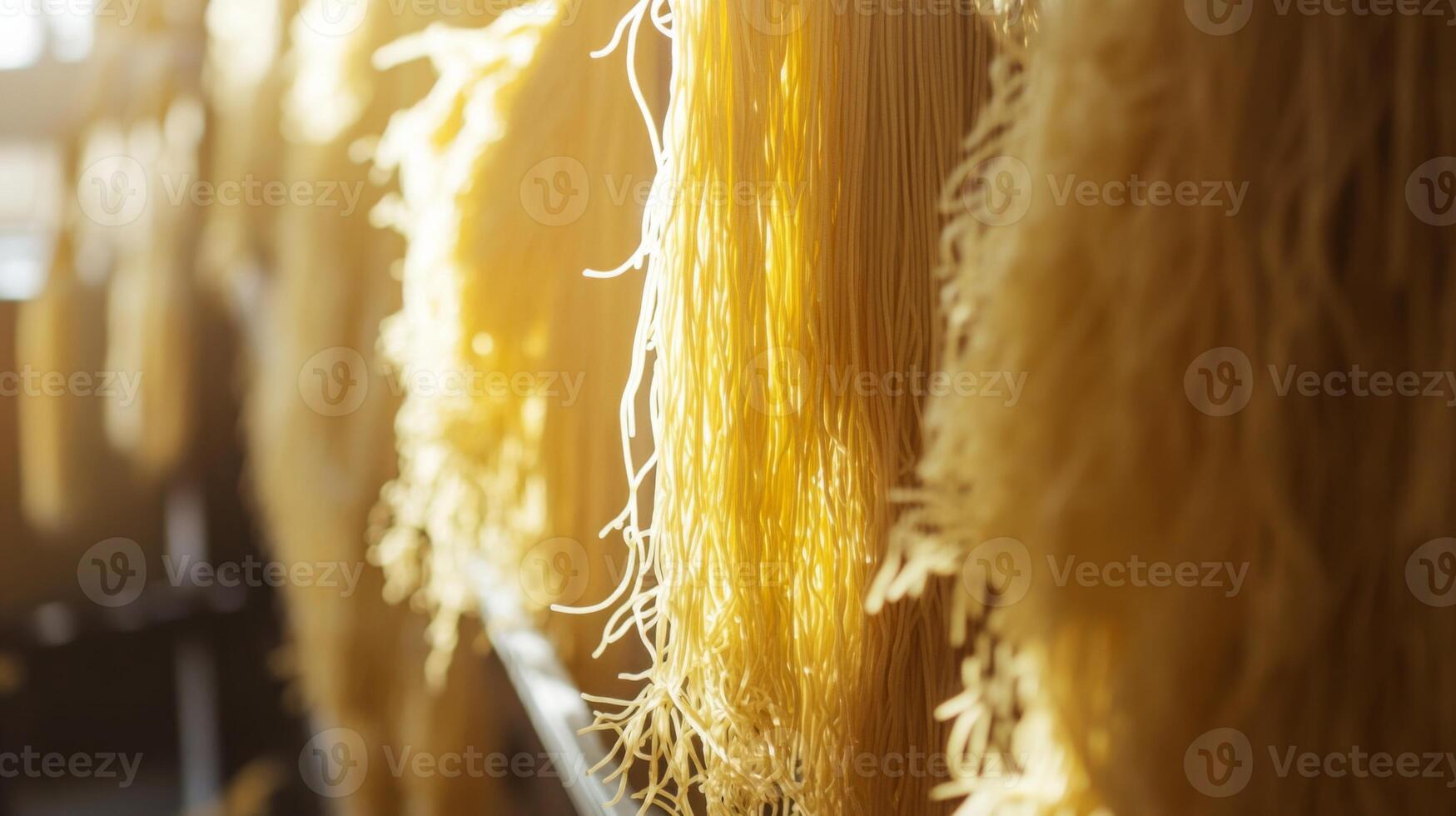 Strings of fresh pasta hang to dry in a welcoming kitchen, illuminated by soft sunlight streaming through the windows. This traditional process captures the essence of homemade cooking. photo