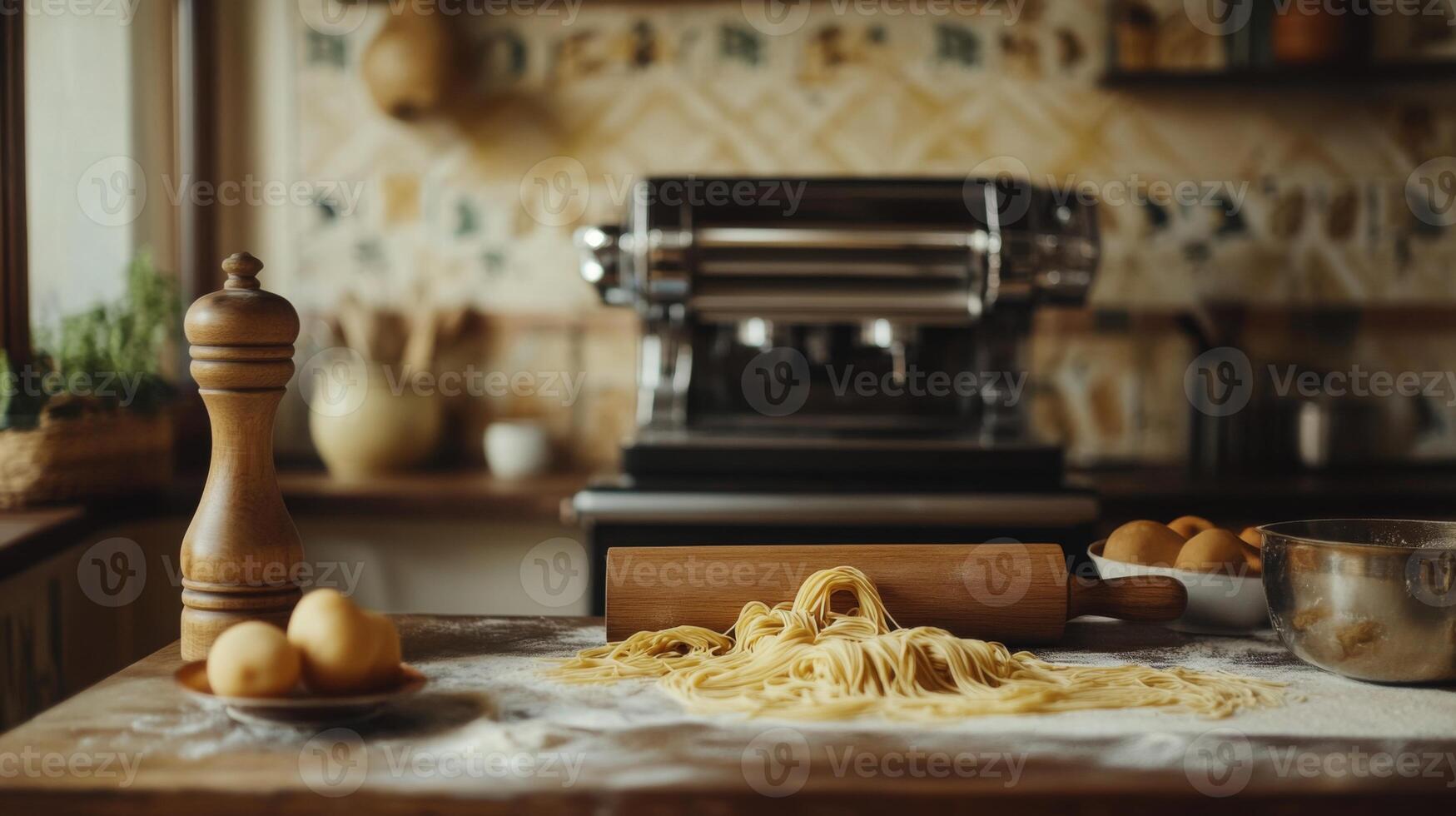 Fresh pasta is being prepared in a warm, inviting kitchen filled with rustic decor and natural light. A rolling pin and ingredients are laid out on a wooden table, showcasing a culinary experience. photo