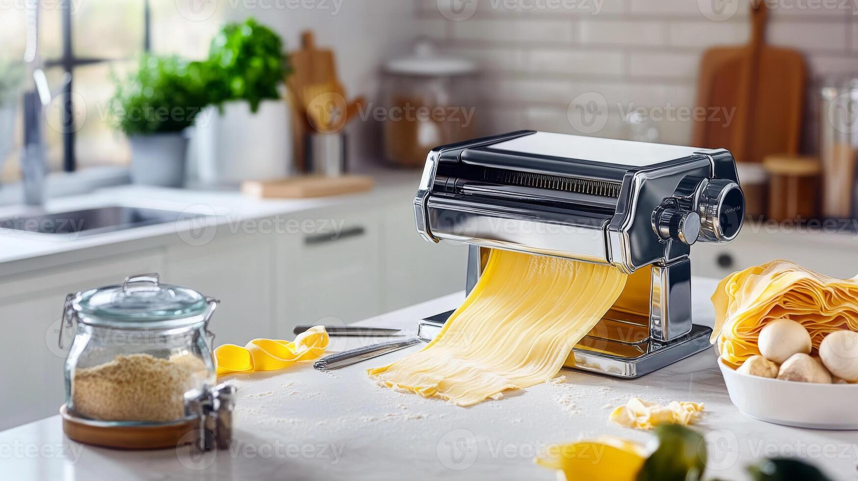 A pasta machine rolls out fresh sheets of dough onto a countertop in a modern kitchen. Ingredients like flour and eggs are nearby, showcasing the process of making homemade pasta. photo