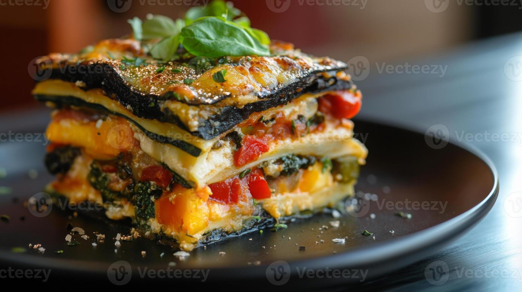 Layers of ai pasta are beautifully arranged with a medley of colorful vegetables, topped with fresh basil. photo