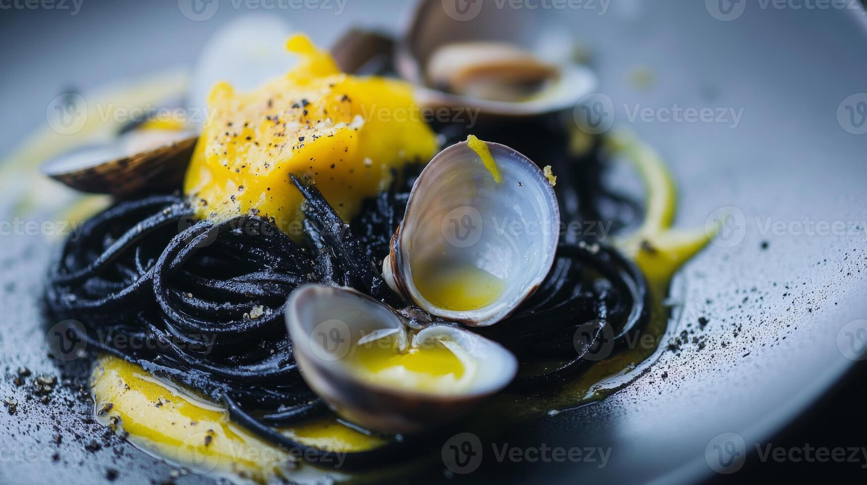 This dish features black pasta elegantly twirled on a plate, garnished with fresh clams and a rich, velvety sauce. The vibrant colors enhance its gourmet appearance, perfect for fine dining. photo