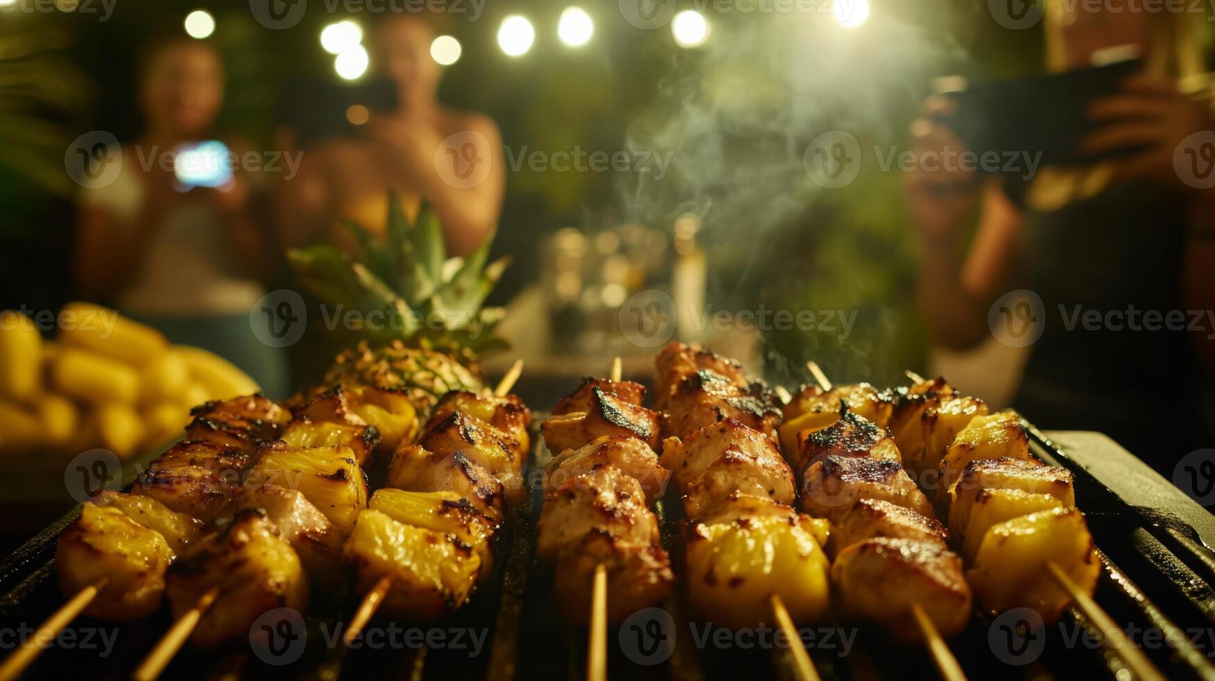 Skewers of marinated meat and pineapple are sizzling on a grill, surrounded by friends enjoying a festive summer evening. Lively atmosphere with string lights enhancing the mood and delicious aroma. photo