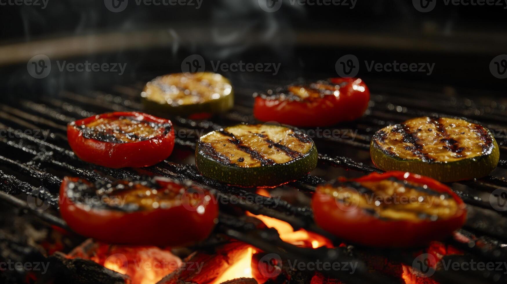 Colorful slices of zucchini and tomato are being grilled over an open flame, releasing smoky aromas at a summer barbecue. photo