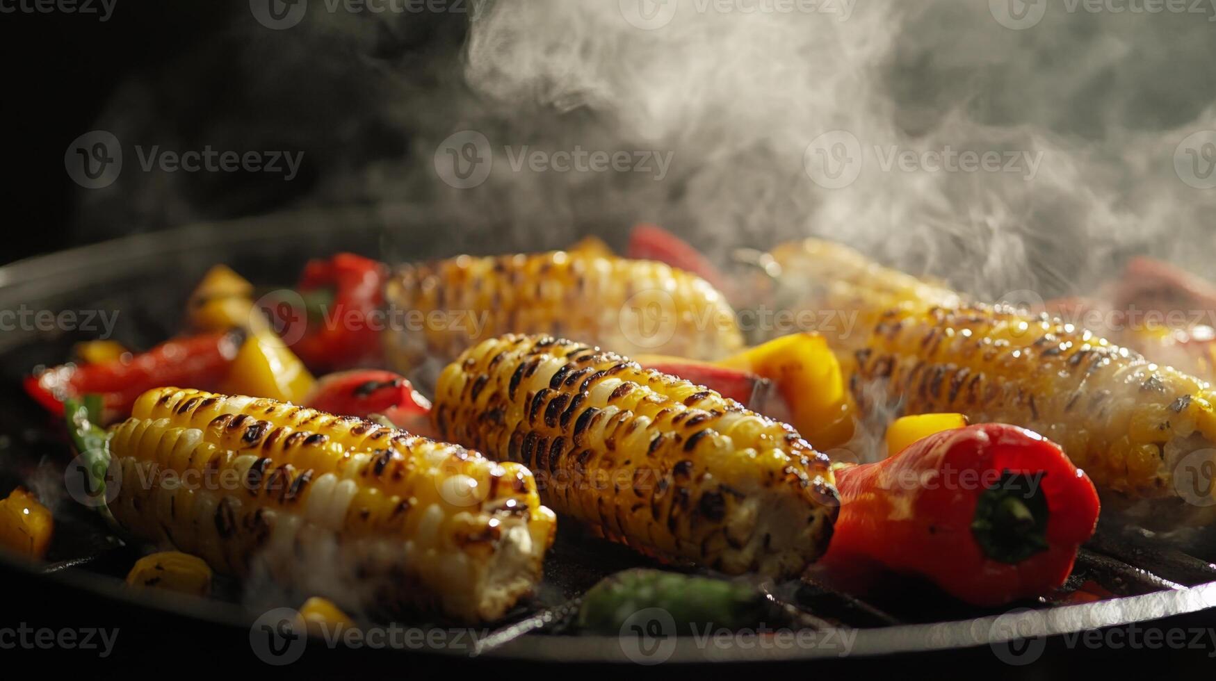 Fresh corn and colorful peppers sizzle on a hot grill, releasing aromatic steam. Smoke rises as the summer sun sets, creating a perfect atmosphere for outdoor cooking and enjoyment. photo