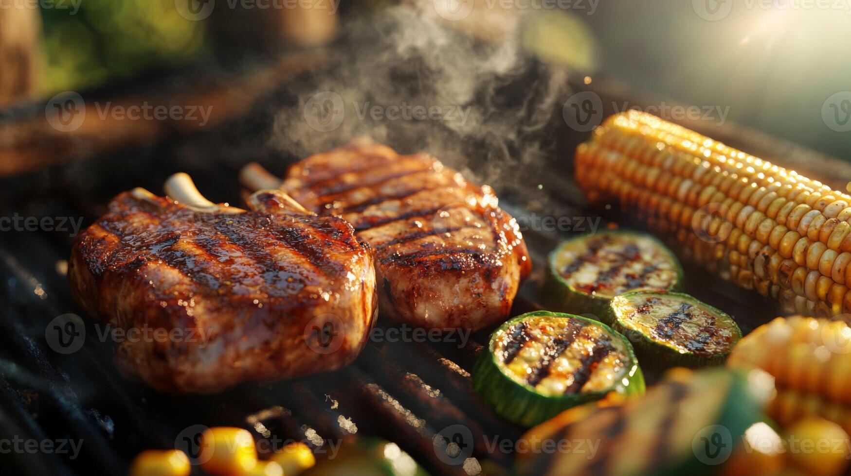 Juicy pieces of meat and colorful vegetables are grilling on a barbecue, producing delicious smoke. The sun shines brightly, creating a perfect atmosphere for an outdoor cooking experience. photo