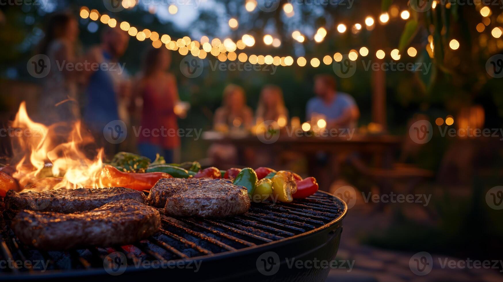 Friends enjoy a barbecue gathering under twinkling string lights during a warm summer evening. Grilled steaks and fresh vegetables sizzle on the grill, creating a festive atmosphere. photo