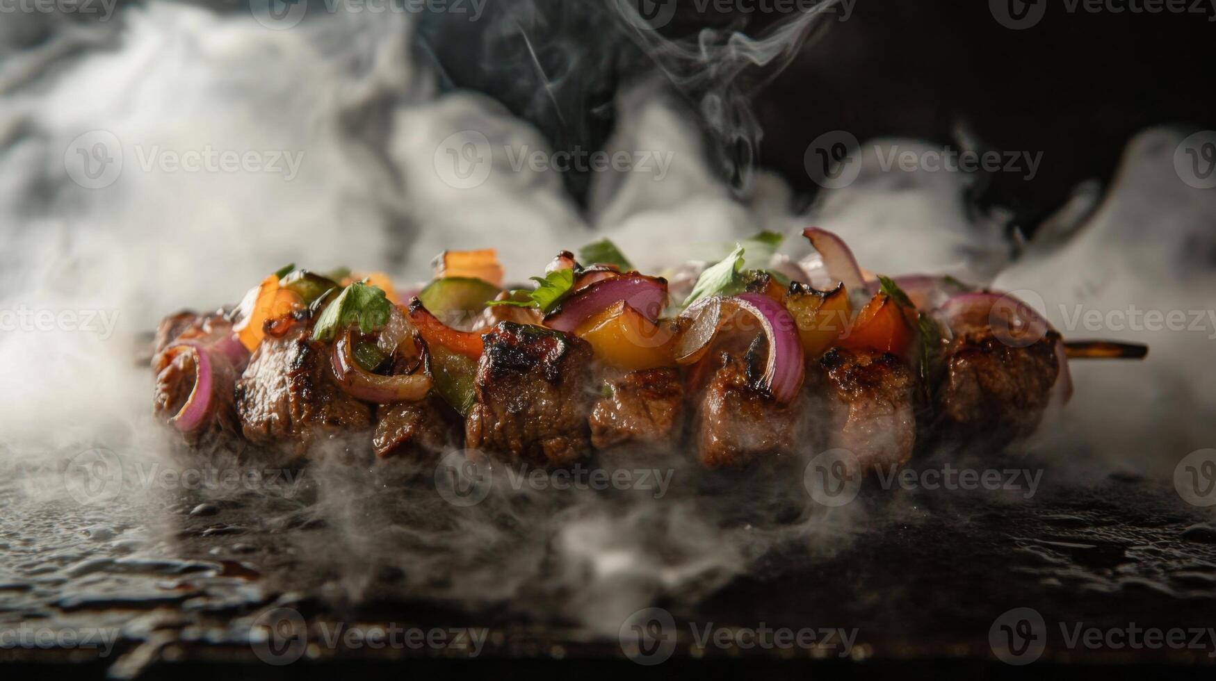 Succulent skewers of grilled meat sit atop a hot surface, surrounded by colorful vegetables such as bell peppers and onions. Smoke rises, creating an appetizing and aromatic atmosphere. photo