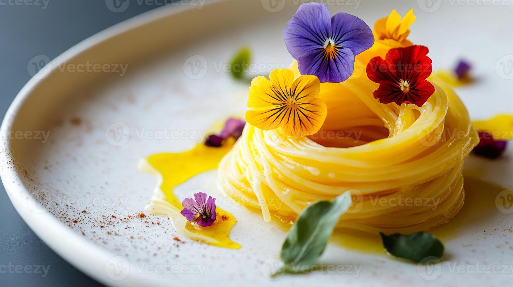 A beautifully plated ai pasta dish features delicate strands drizzled with a rich sauce and adorned with colorful edible flowers. This artistic presentation highlights culinary creativity. photo