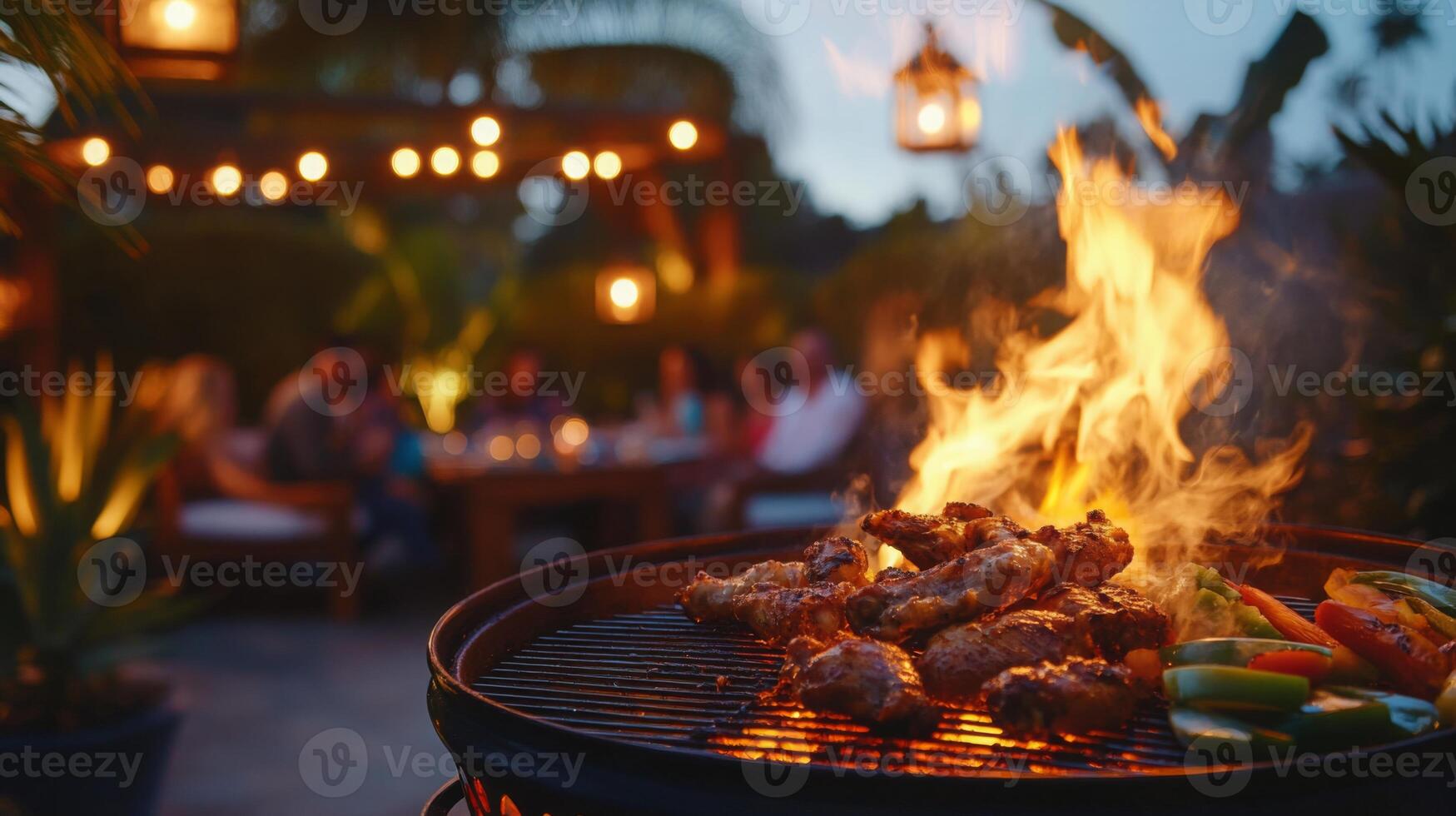 Juicy chicken and colorful vegetables are grilled over an open flame during a warm evening gathering. Friends enjoy a lively meal in a charming outdoor space illuminated by string lights. photo