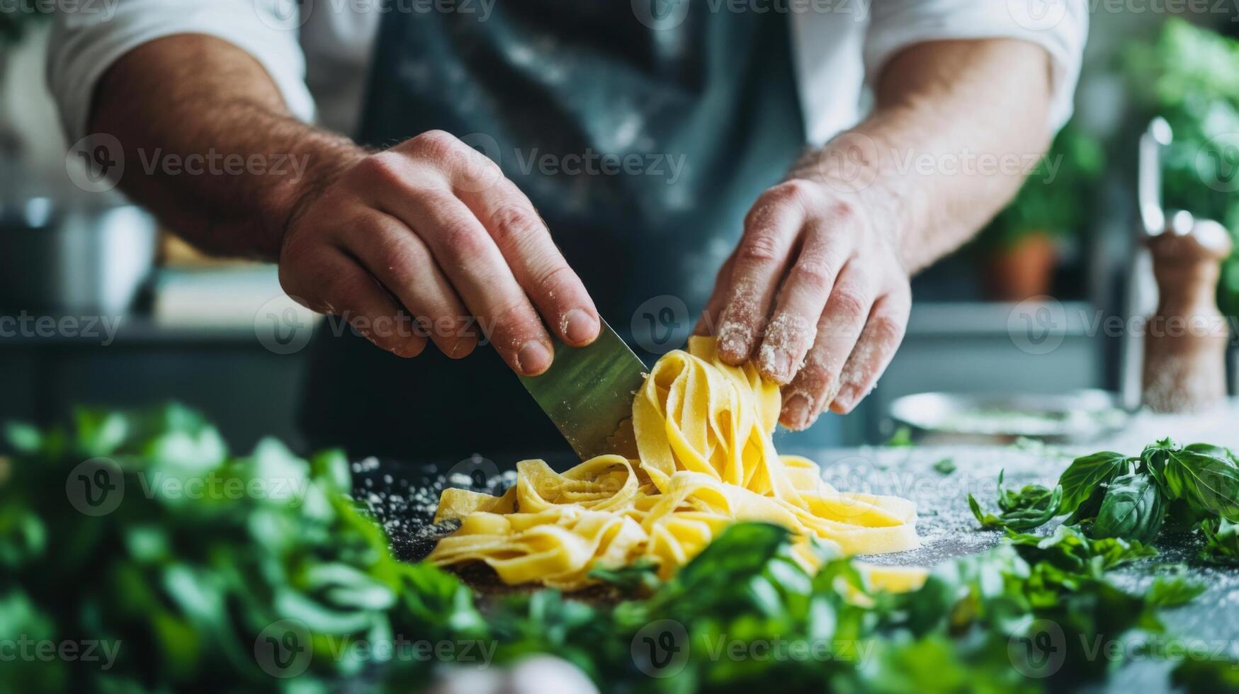 Hands skillfully cut freshly made pasta in a warm kitchen filled with vibrant herbs and natural light. A culinary craft is underway, showcasing the art of cooking. photo