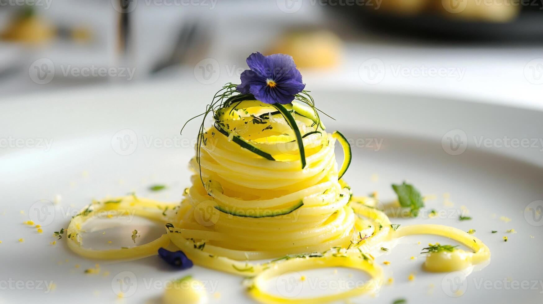 A unique pasta dish elegantly presented with spirals of noodles topped with vibrant flowers and garnishes. The setting features a modern table arrangement, enhancing the dining experience. photo