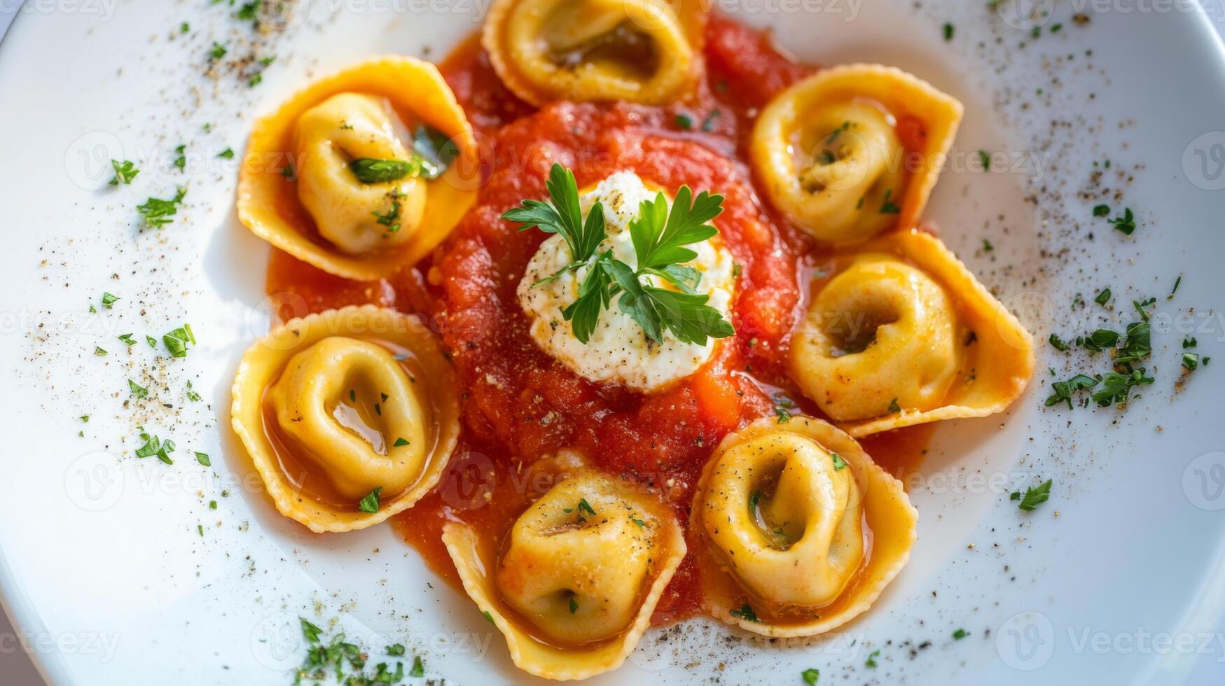 This colorful dish features specially crafted pasta nestled in a bed of rich tomato sauce, garnished with herbs and a dollop of creamy cheese. Perfect for a gourmet dining experience. photo