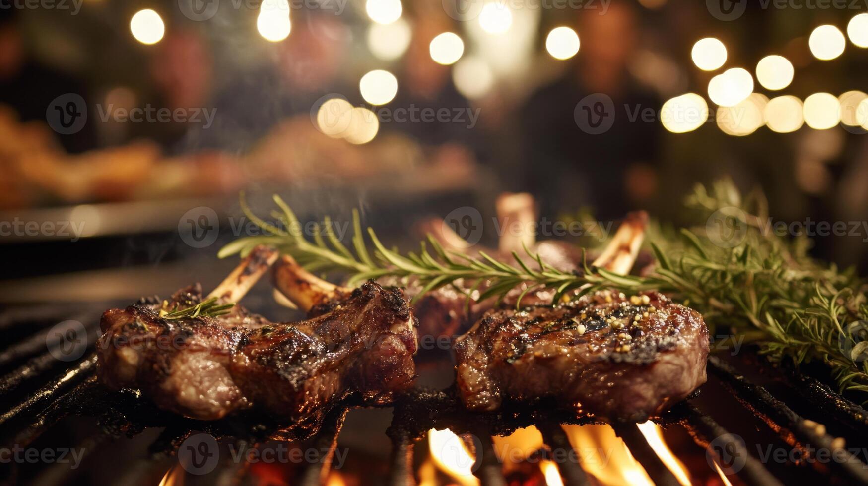 Juicy lamb chops sizzle on a grill, infused with aromatic herbs, as friends gather around enjoying an evening of grilling and delicious food under twinkling lights. photo
