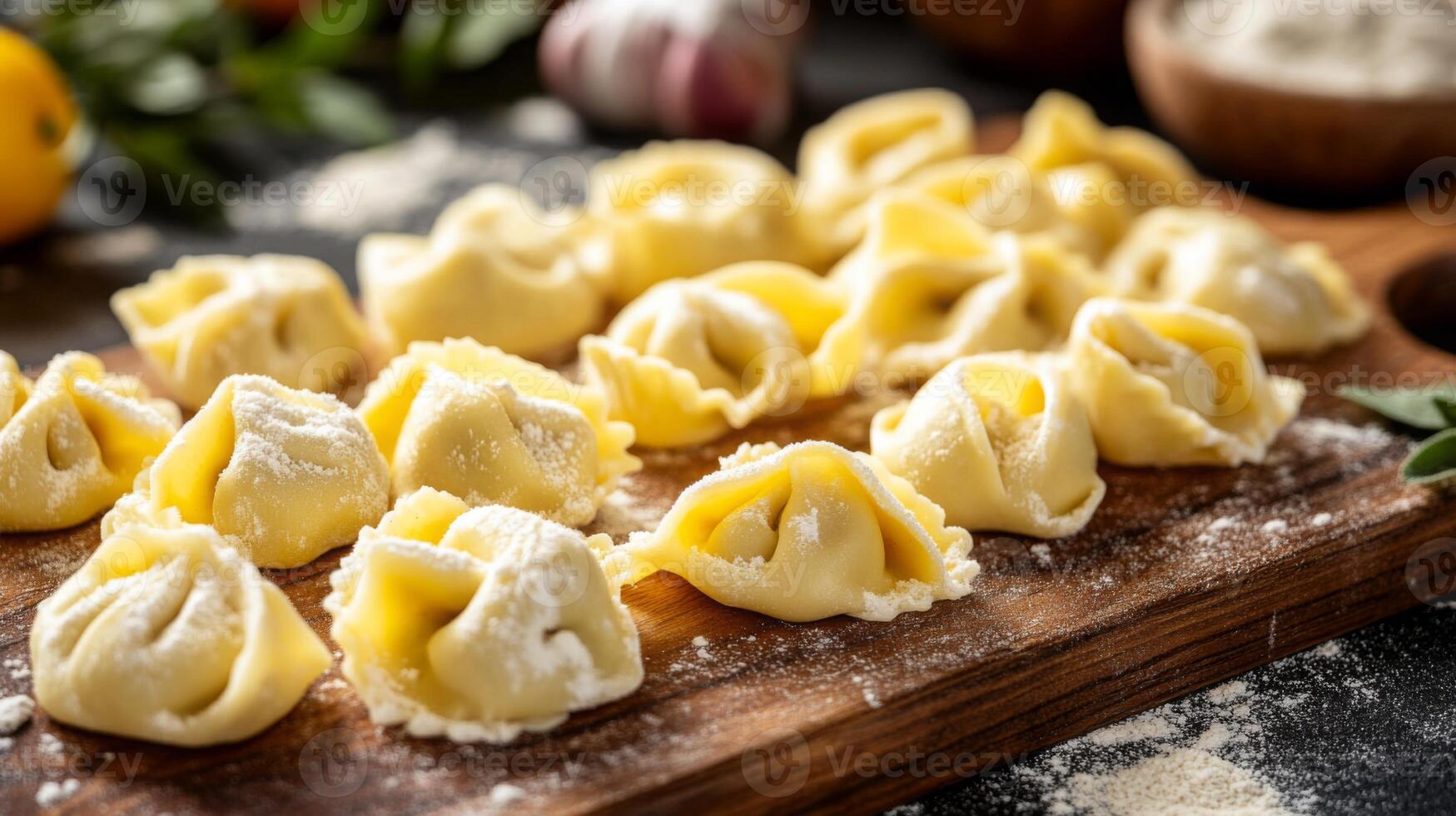 Handcrafted pasta dumplings are neatly placed on a wooden board dusted with flour. Fresh garlic, lemons, and herbs create a vibrant backdrop, highlighting the art of traditional pasta making. photo