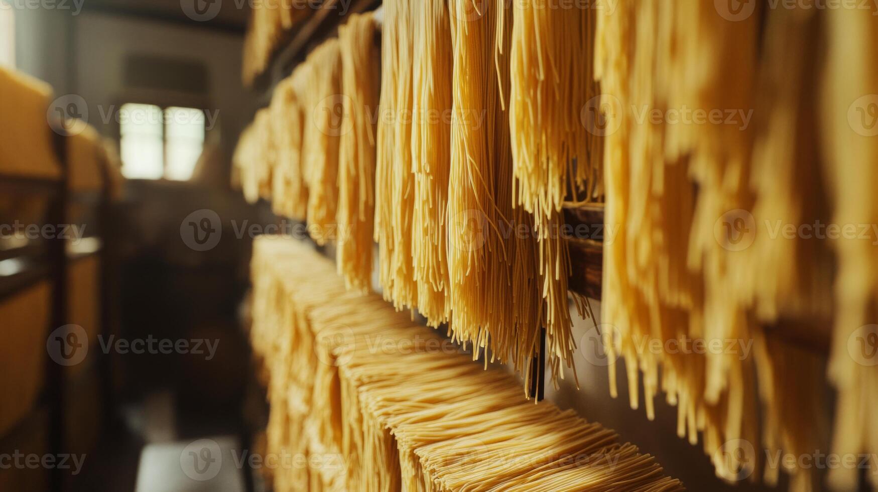 Long strands of pasta hang in rows from wooden racks in a quaint workshop, illuminated by soft natural light. The air carries the rich aroma of fresh pasta being prepared. photo