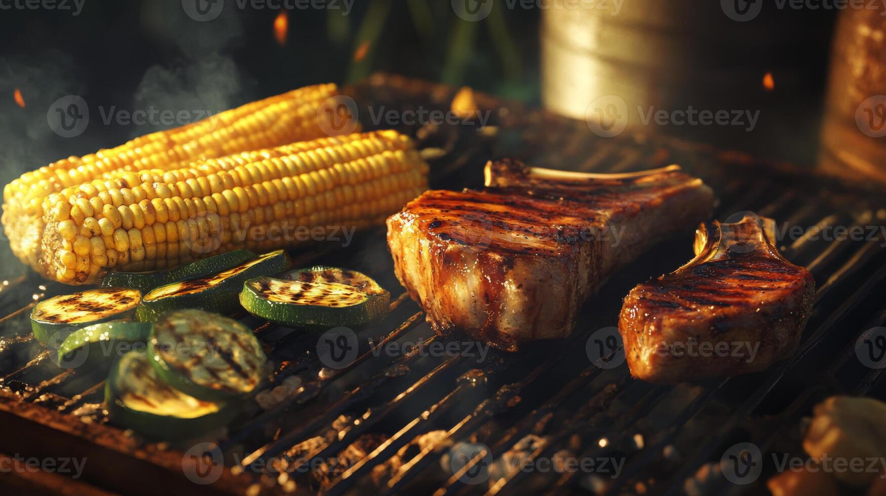 Sizzling pork chops, zucchini slices, and corn on the cob are beautifully grilled. The vibrant colors and smoky aroma create a festive atmosphere for outdoor dining in warm weather. photo